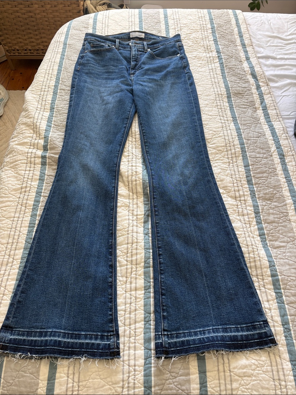 LOFT Dark Blue Flare Jeans with Frayed Hem